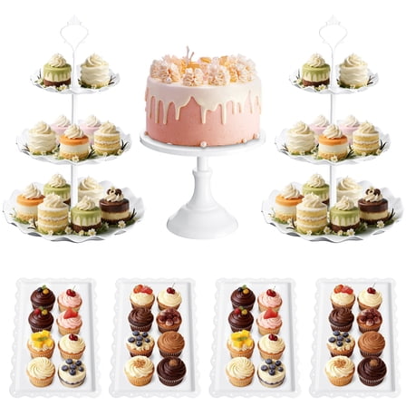 TINANA 7-Piece Dessert Stand Set, 3-Tier Cupcake Stands, Plastic Cake Stand and Serving Trays for Wedding Party Baby Shower