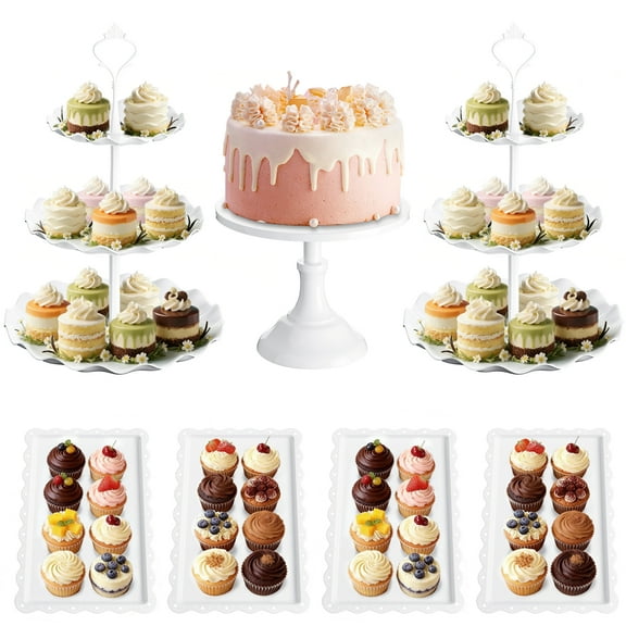 TINANA 7-Piece Dessert Stand Set, 3-Tier Cupcake Stands, Plastic Cake Stand and Serving Trays for Wedding Party Baby Shower