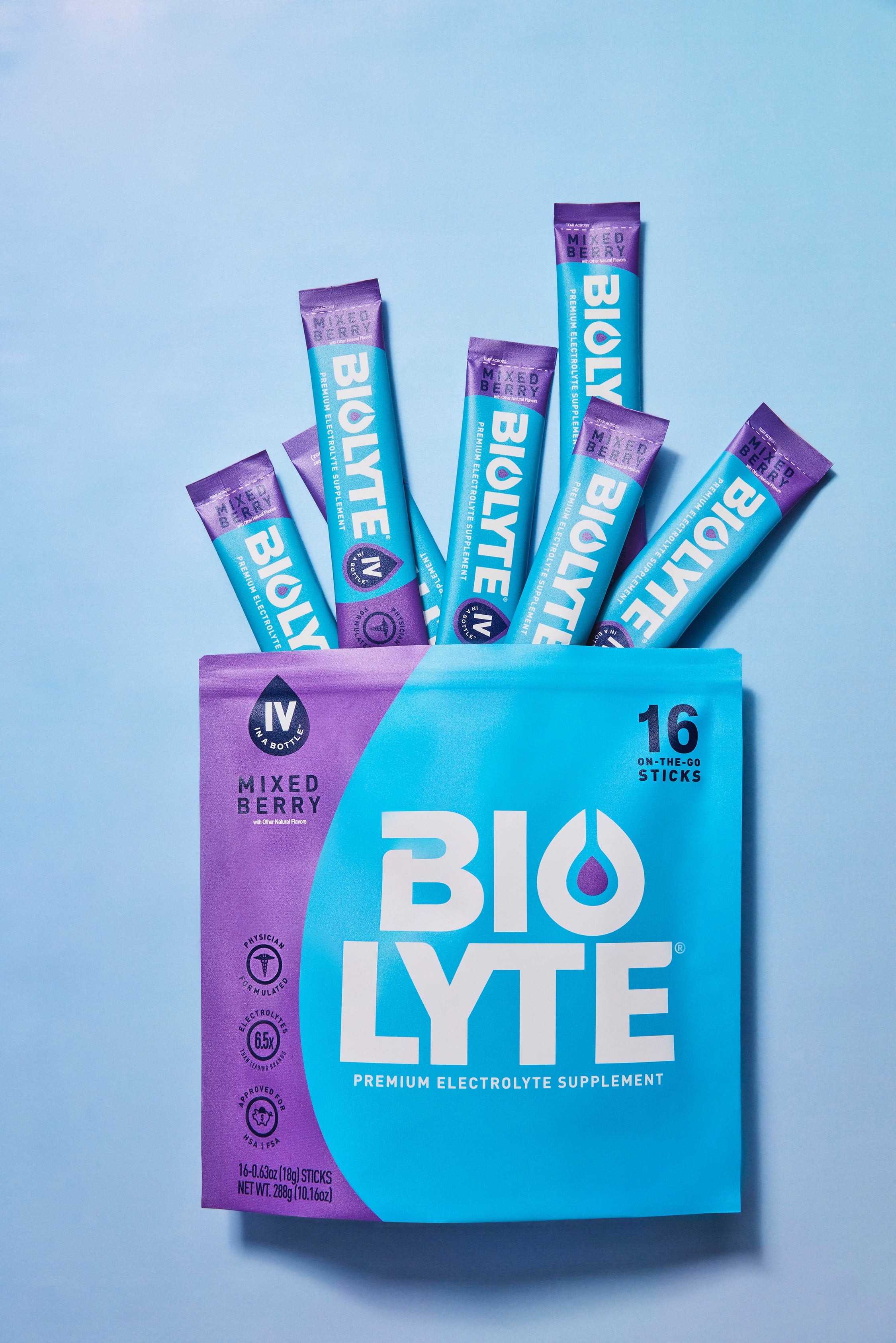 BIOLYTE Electrolyte Powder Packet Drink Mix for Rapid Hydration, Mixed Berry, 16 pack