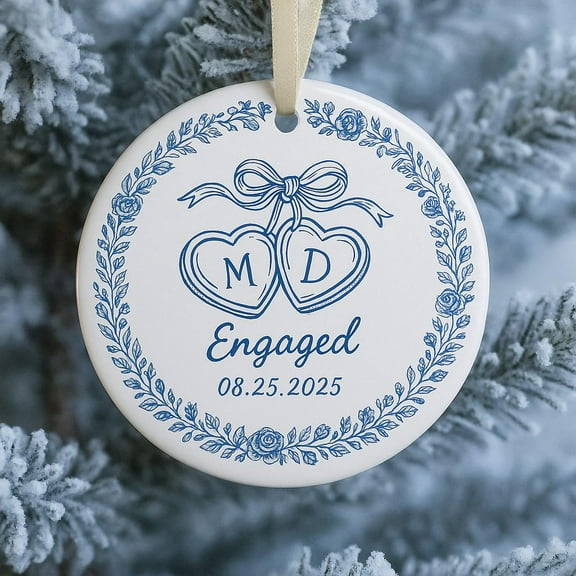 Chinoiserie Ceramic Engagement Ornament - Blue Toile Newlywed Gift 2025, Engaged Couple Christmas Keepsake