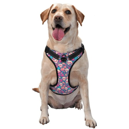 Sigee colorful Skull flower for Adjustable Dog Harness for Small Medium Large Dogs No Pull Reflective Breathable for Walking Jogging-Large