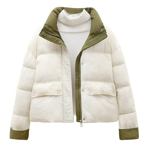 Women's Winter Warm Short Cotton Padded Jacket Stand Collar Baggy Zip Up Short Quilted Jacket Outerwear (XL, White)