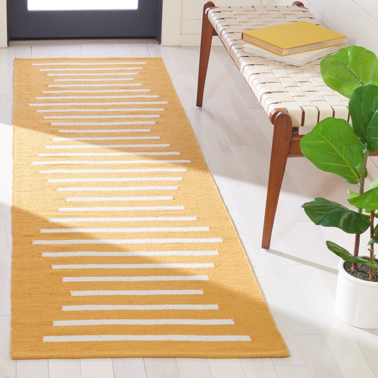 SAFAVIEH Montauk Amadine Striped Cotton Area Rug, Gold/Ivory, 6' x 6' Square