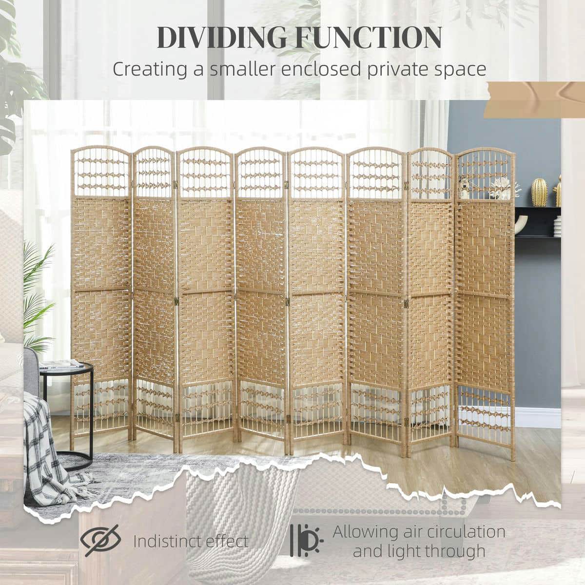 Spaco 8 Panel Folding Room Divider, Portable Privacy Screen, Wave Fiber Room Partition for Indoor as Living Room, Bedroom, Natural
