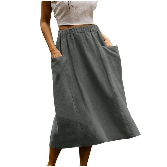 Tumotour Summer Skirt For Women Solid Color Long Flowy With Pleated Pockets High Waisted Casual Elastic Waist A-Line Skirts Mid Calf Skirt