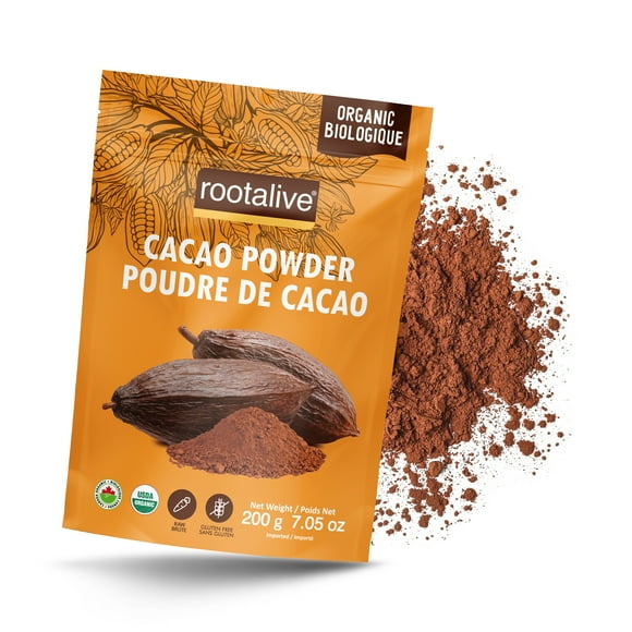 Rootalive Organic Raw Cacao Powder 200g, Premium , Unroasted , Unsweetened in a Resealable Bag, Vegetarian and Gluten-Free