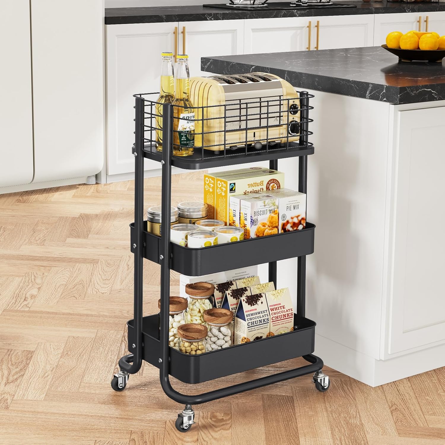 3-Tier Metal Rolling Utility Cart, Rolling Cart Organizer, Storage Cart on Wheels, Book Cart, Diaper Cart for Bathroom, Kitchen, Office, Bedroom, Black