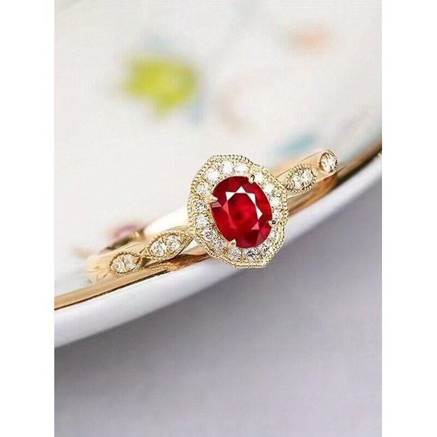 Vintage Exotic Style Women's 14k Gold Plated Pure Silver Ring With Inlaid Garnet
