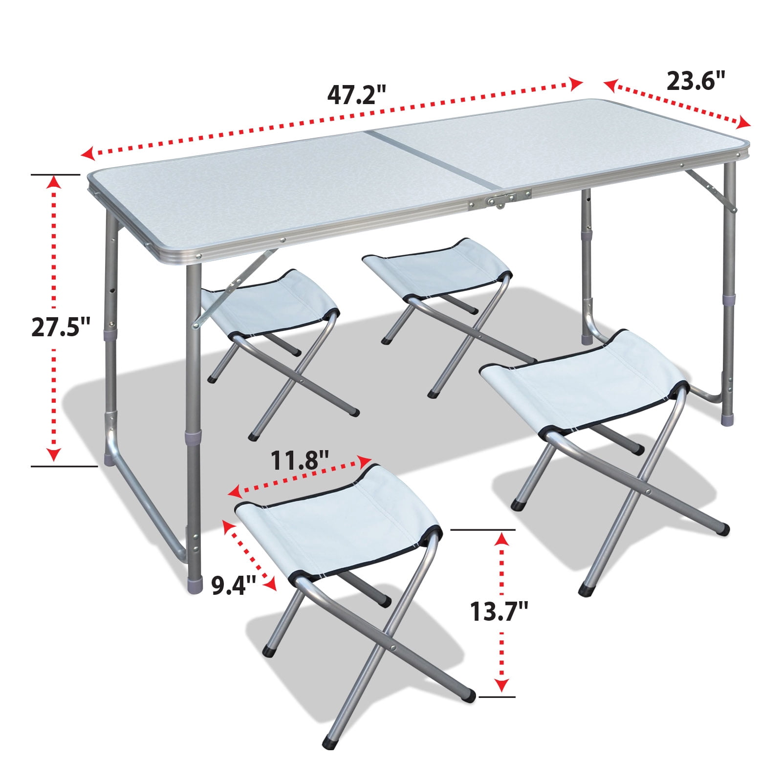 Sunrise Foldable, Adjustable Camping, Picnic Table, with 4 Chairs, for Outdoor or Indoor Use, White Color