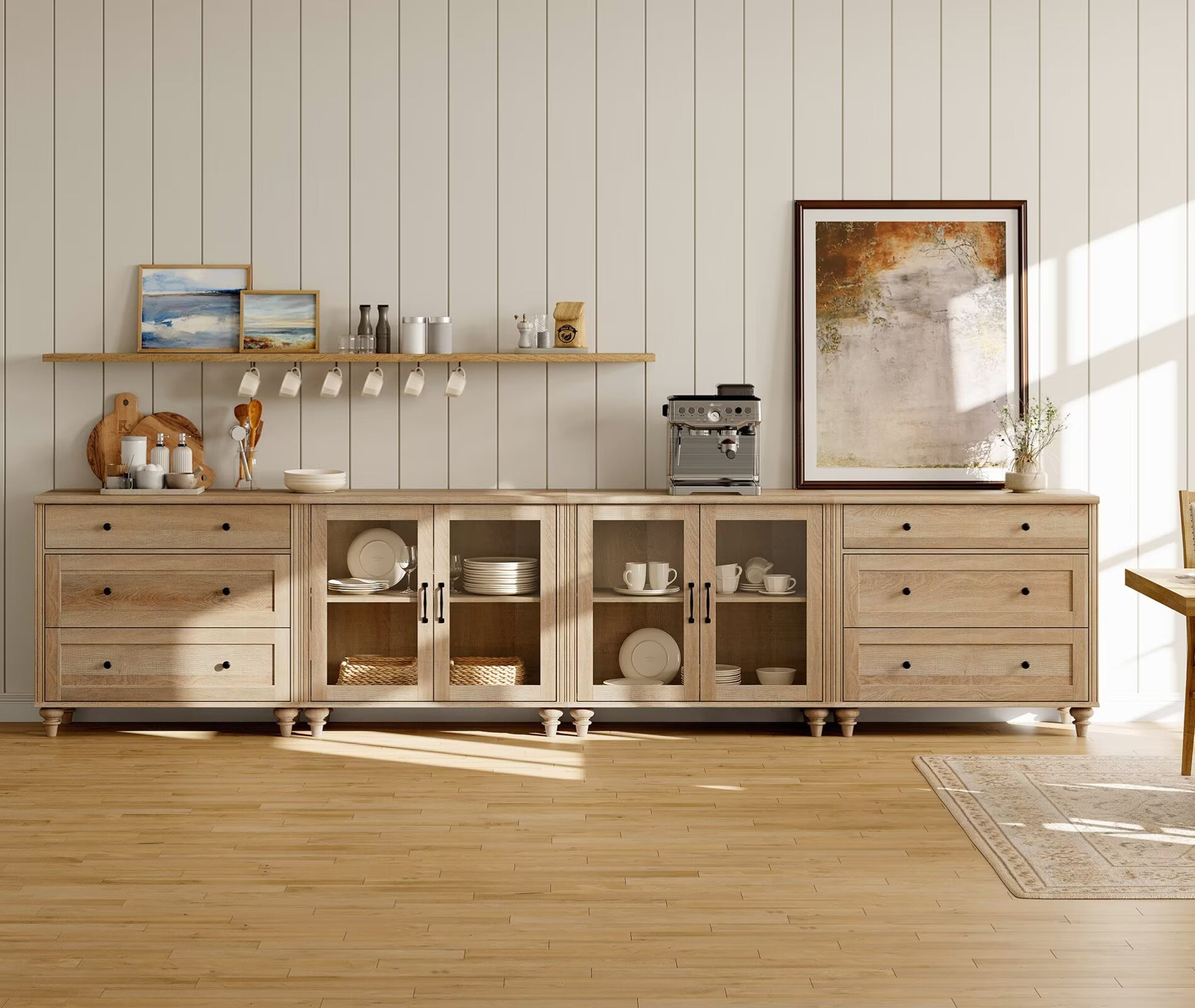 Oak Kitchen Sideboard Buffet Cabinet with Storage, 4-in-1 Glass Cabinet & Dresser Set for Dining Room, TV Console Table Entertainment Center for Living Room