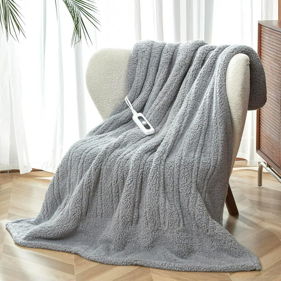 Heated Throw Blanket Double Sided Sherpa, Soft Heating Electric Blanket for Bed, Automatic Safety System, 6 Heating Levels & 4 Hours Auto-Off, 50"x60" Arctic Grey