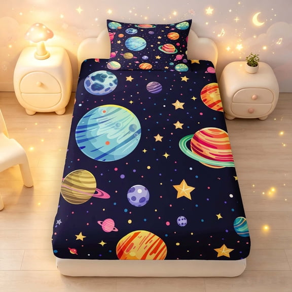 Manfei Cute Cartoon Space Planets Twin Fitted Sheet,Celestial Stars Bedding,Black,2pcs
