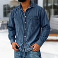 thumbnail image 4 of Mens Cotton Shirts Long Sleeve, Retro Washed Distressed Button Down Shirt with Collar Neck and Pocket, Vintage Workwear Casual Streetwear Top Navy L, 4 of 4