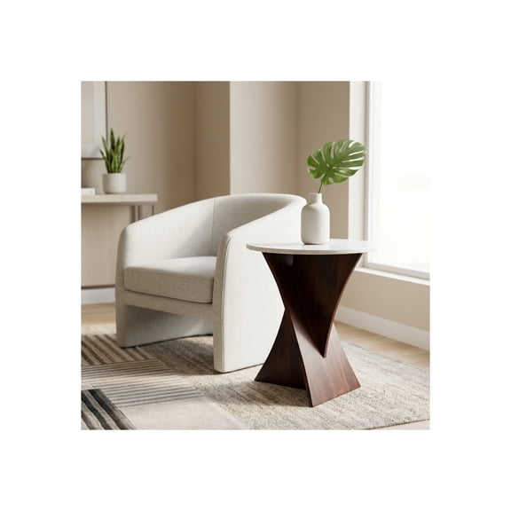 Chic End Table, Side Table, or Small Night Stand for Room Decor - Polished Marble Top with Criss Cross Base for Modern Bedroom or Living Room Decor - Accent Table for Small Spaces - 21" White & Brown