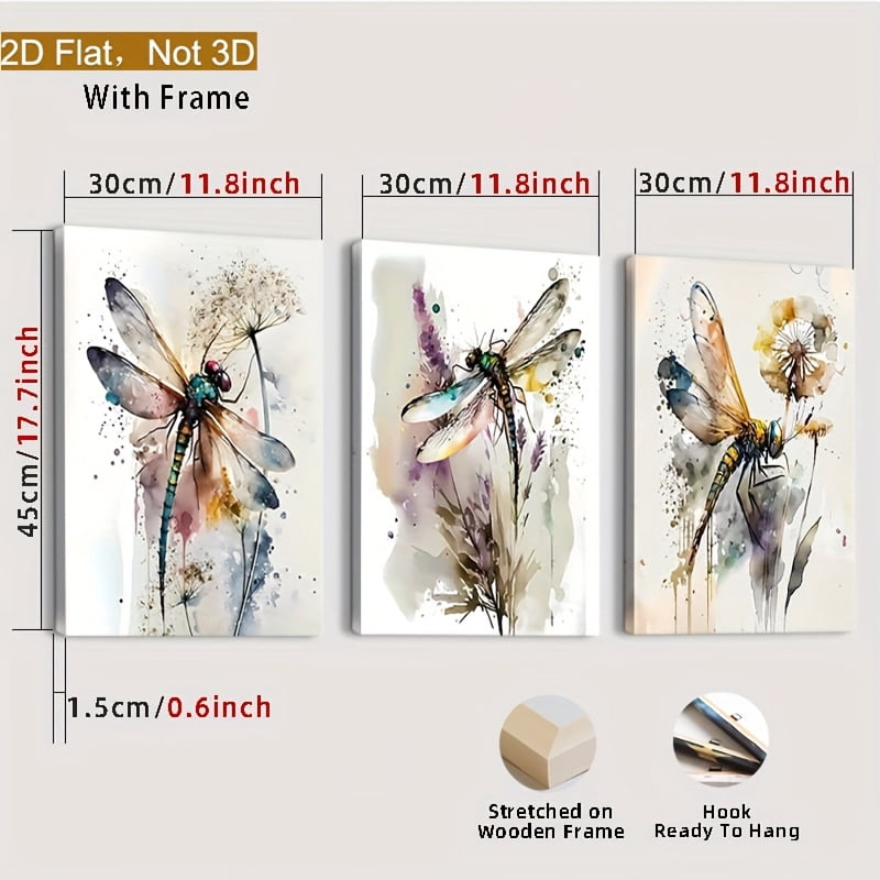 Framed 2D Flat Wall Art Featuring Three Colorful Dragonflies, Insect Prints, Watercolor Dragonfly Paintings, And Floral Images, Perfect for Decorating Bathroom And Living Room Walls