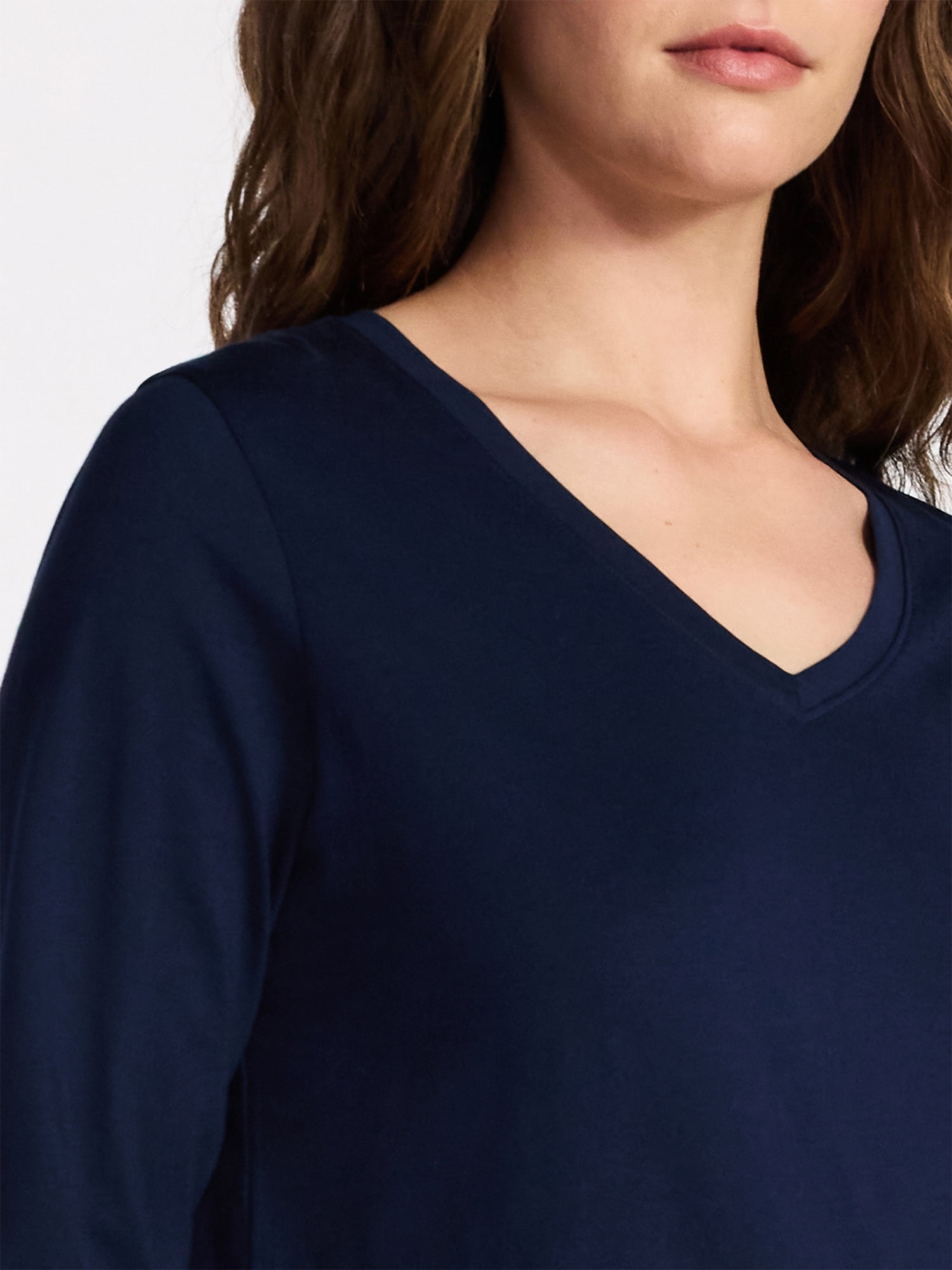 Time and Tru Women's Cotton V-Neck Tee with Long Sleeves, Sizes XS-XXXL