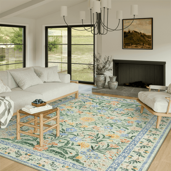 Lahome 8'x10' Washable Area Rug for Living Room with Non Slip Backing,Traditional Boho Rug,Low Pile Lightweight Carpet,Floral Print Mat,Better Home,Washable Machine for Bedroom,Green