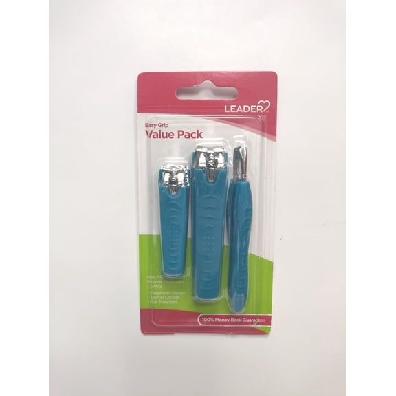 Leader Easy Grip Value Pack - Fingernail Clipper, Toenail Clipper, Slant Tip Tweezers - Blue