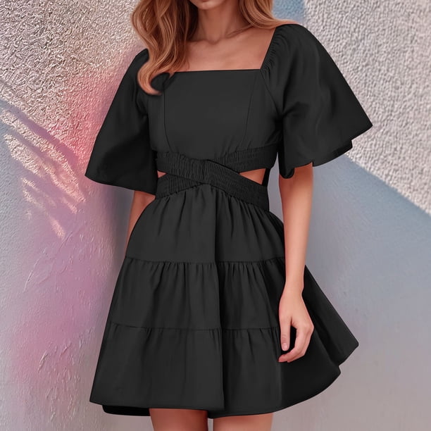 WILLBEST Vestidos Casuales Para Mujer Vestido De Mujer De Color Liso Con Cuello Cuadrado Y Doble Cintura Sin Mangas Vestido De Falda De Capas De Color Liso De Manga Corta