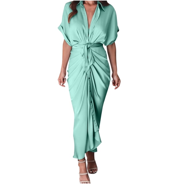 Pompotops Mode Femmes Sexy Été Casual Manches Courtes Solide Bouton Fourche Robe d'Ouverture