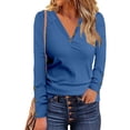 thumbnail image 1 of Blusa acanalada con cuello en V para mujer, manga larga, con botones frontales, informal, ajustada, para fiesta de trabajo al aire libre, 1 of 6