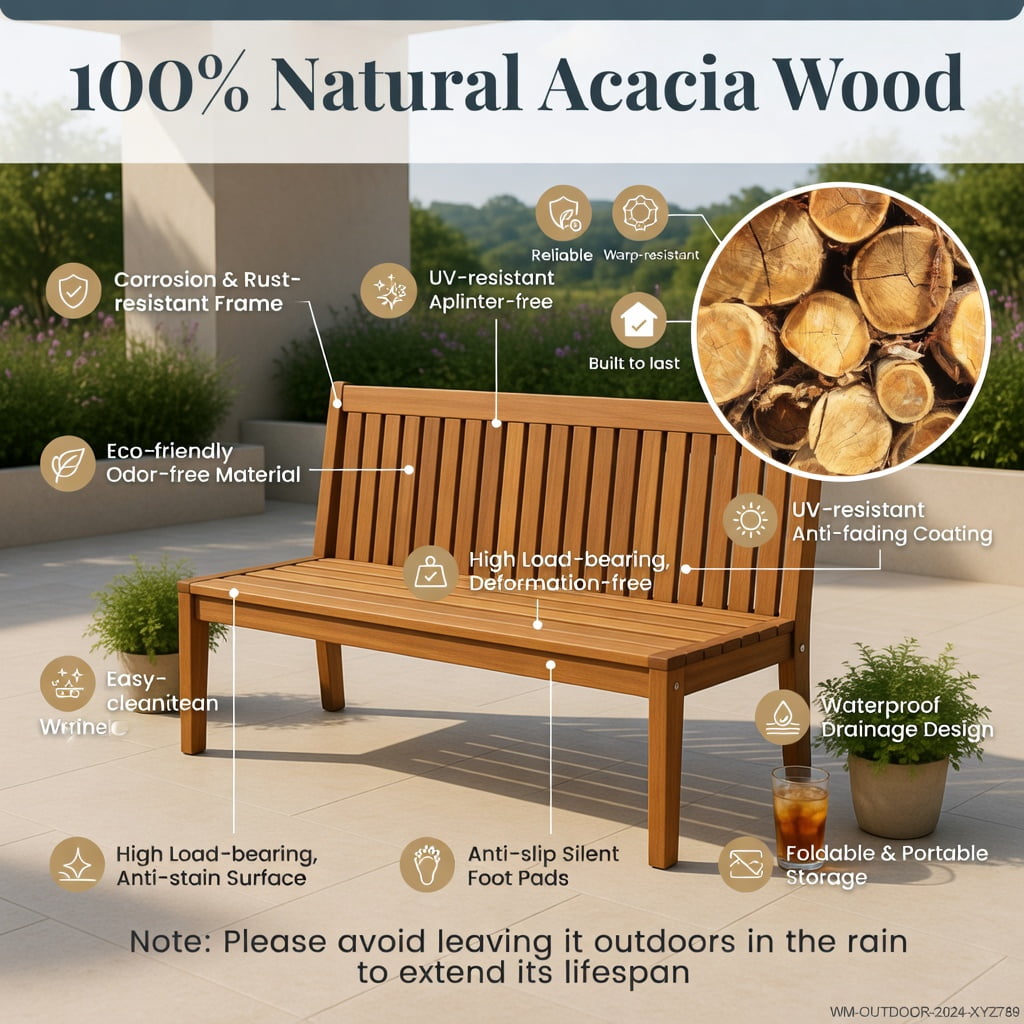 Hommoo Set of 2 Acacia Wood Outdoor Benches, Slatted Garden Bench for Patio, Deck & Entryway, 48" Rustic Wooden Seating, Natural