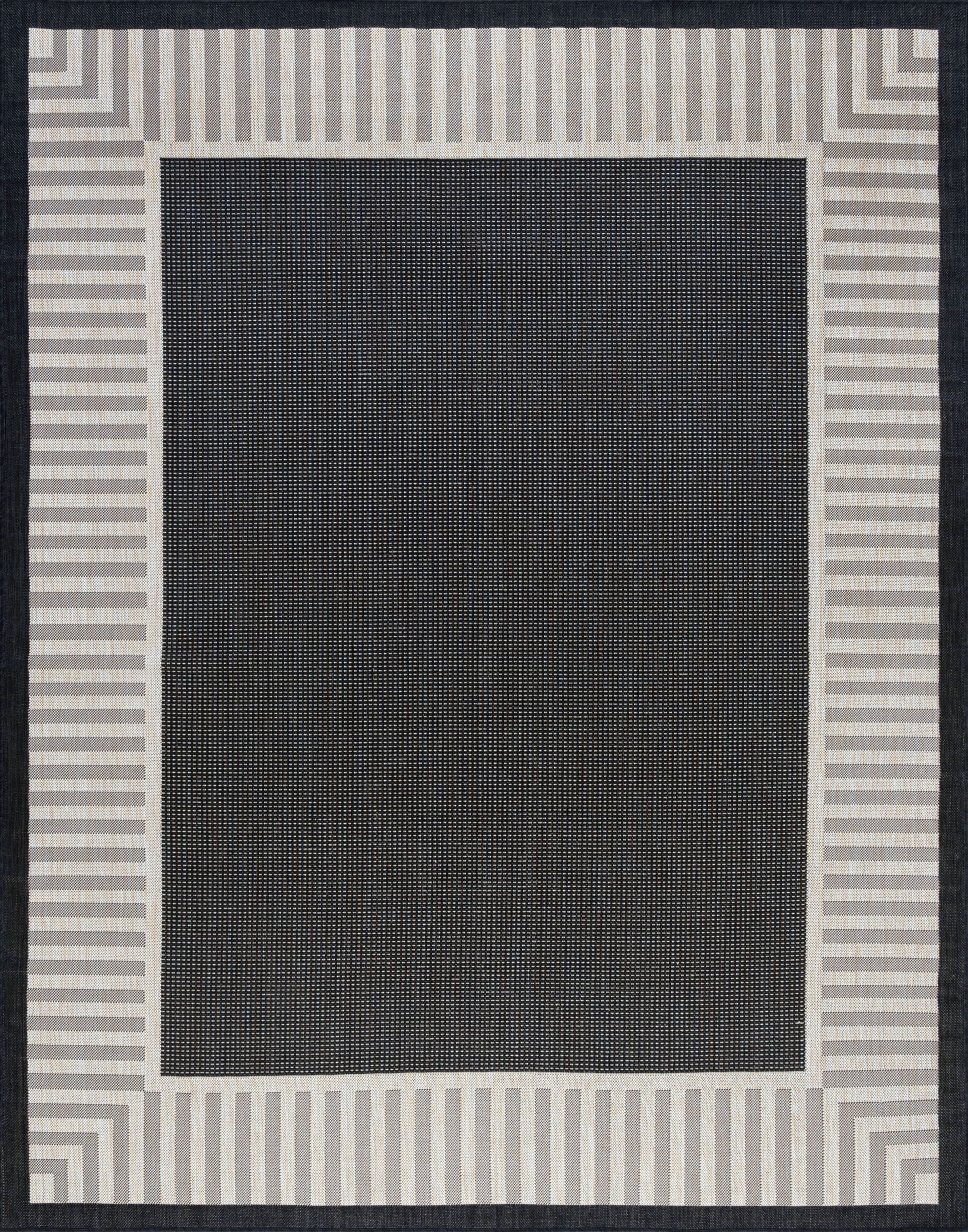 5x8 Water Resistant, Indoor Outdoor Rugs for Patios, Front Door Entry, Entryway, Deck, Porch, Balcony | Outside Area Rug for Patio | Black, Striped Border | Size: 5'3'' x 7'3''