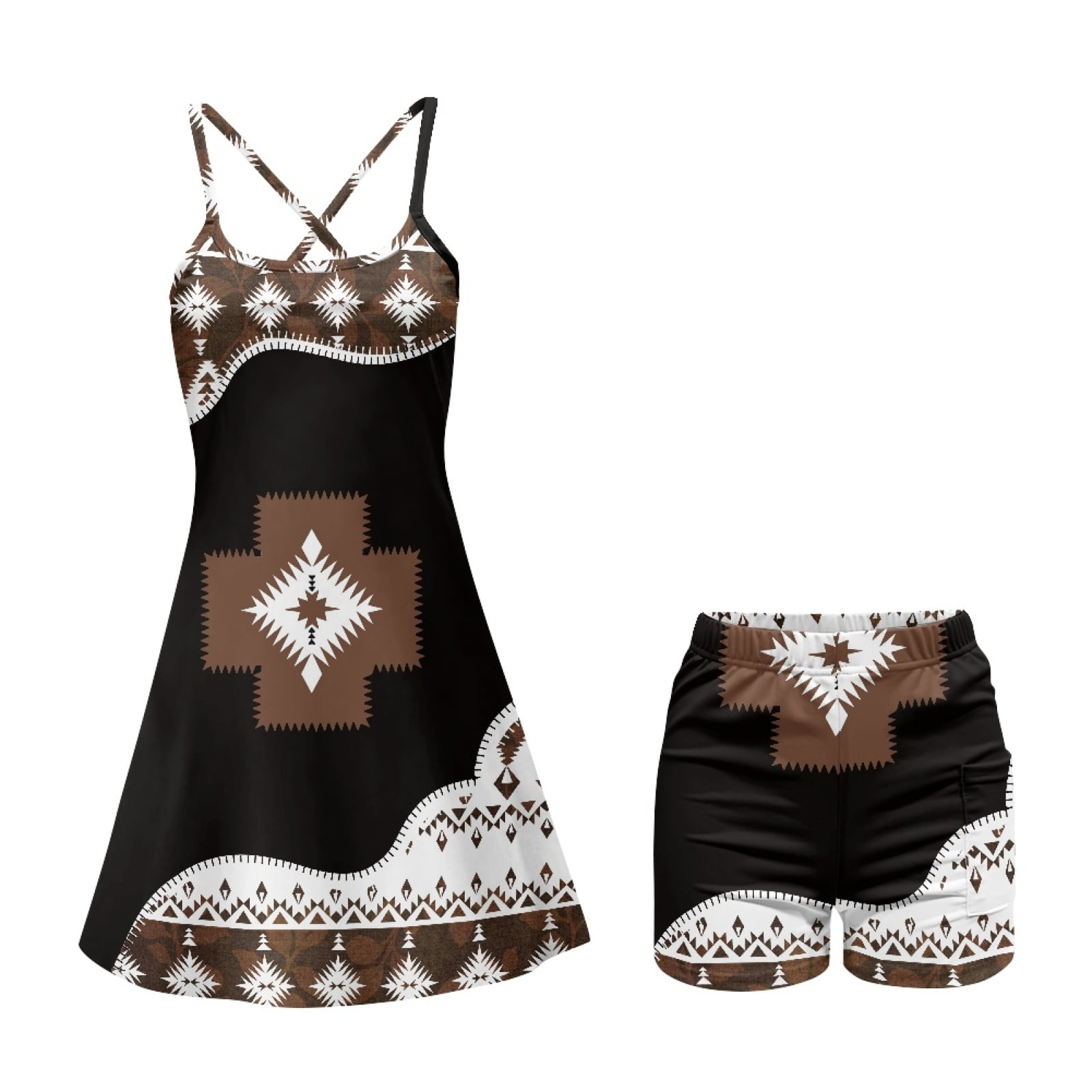 Yuyamidu Aztec Western Geometric Womens Tennis Dress Built in Shorts Spaghetti Straps Exercise Workout Dress with Pocket Golf Athletic Dresses for Women Size M