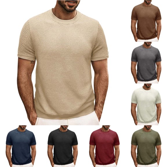 Men’s Short Sleeve Round Neck Solid Color Knitted Pullover T-Shirt Spring Summer Top