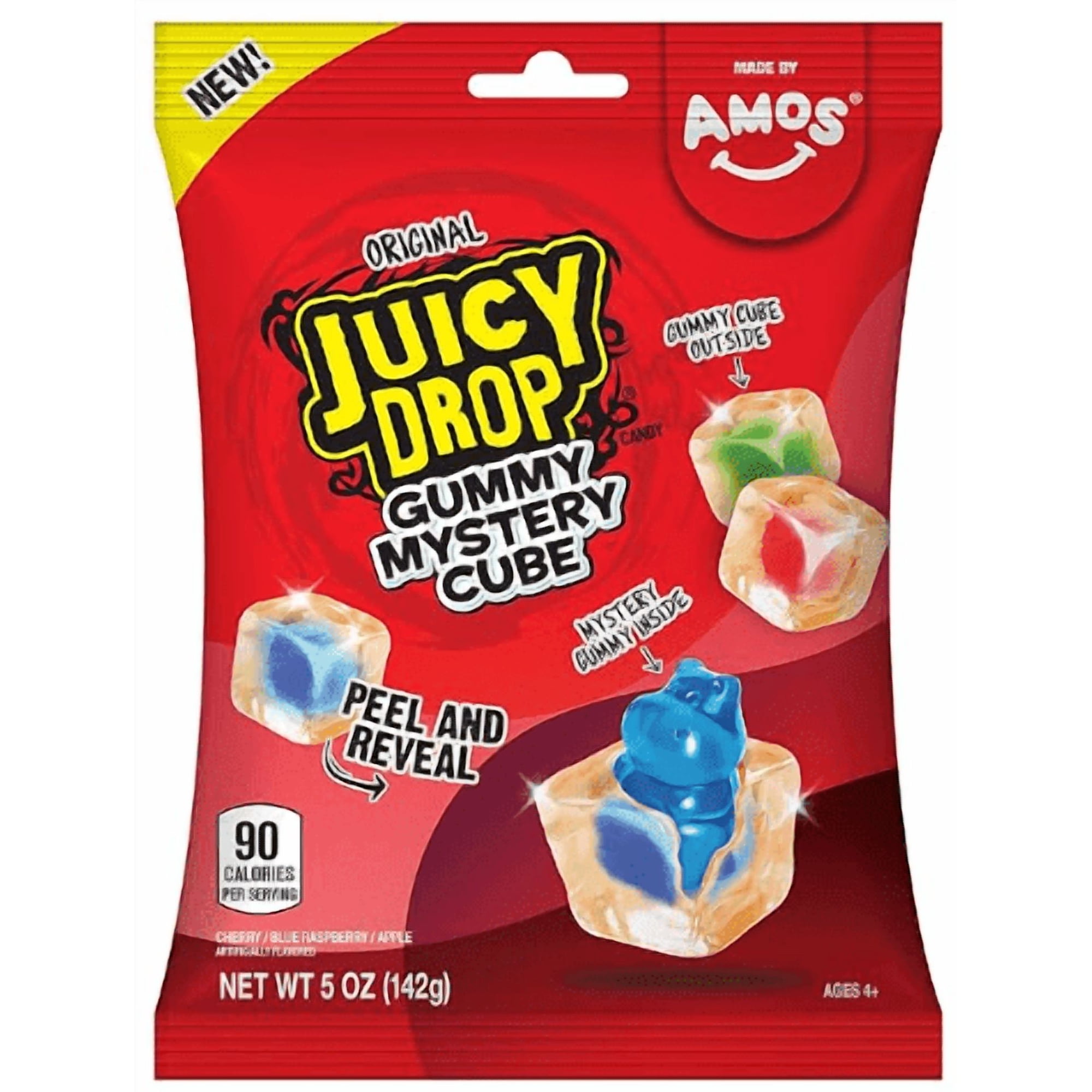 Juicy Drop Gummy Mystery Cube Candy, Original, Cherry, Blue Raspberry, Apple, 5oz Peg Bag