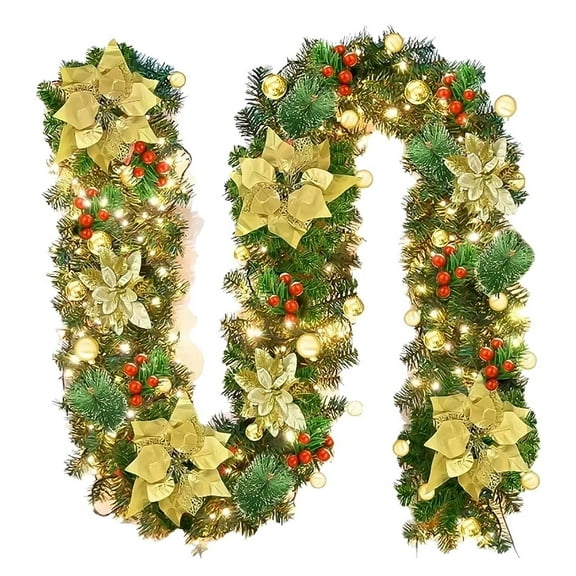 Christmas Garland with Holiday Decoration Stairs Wall Mantle Door Indoor Outdoor, Decorated with Flower, Balls, Snowy Pine, Christmas Collection