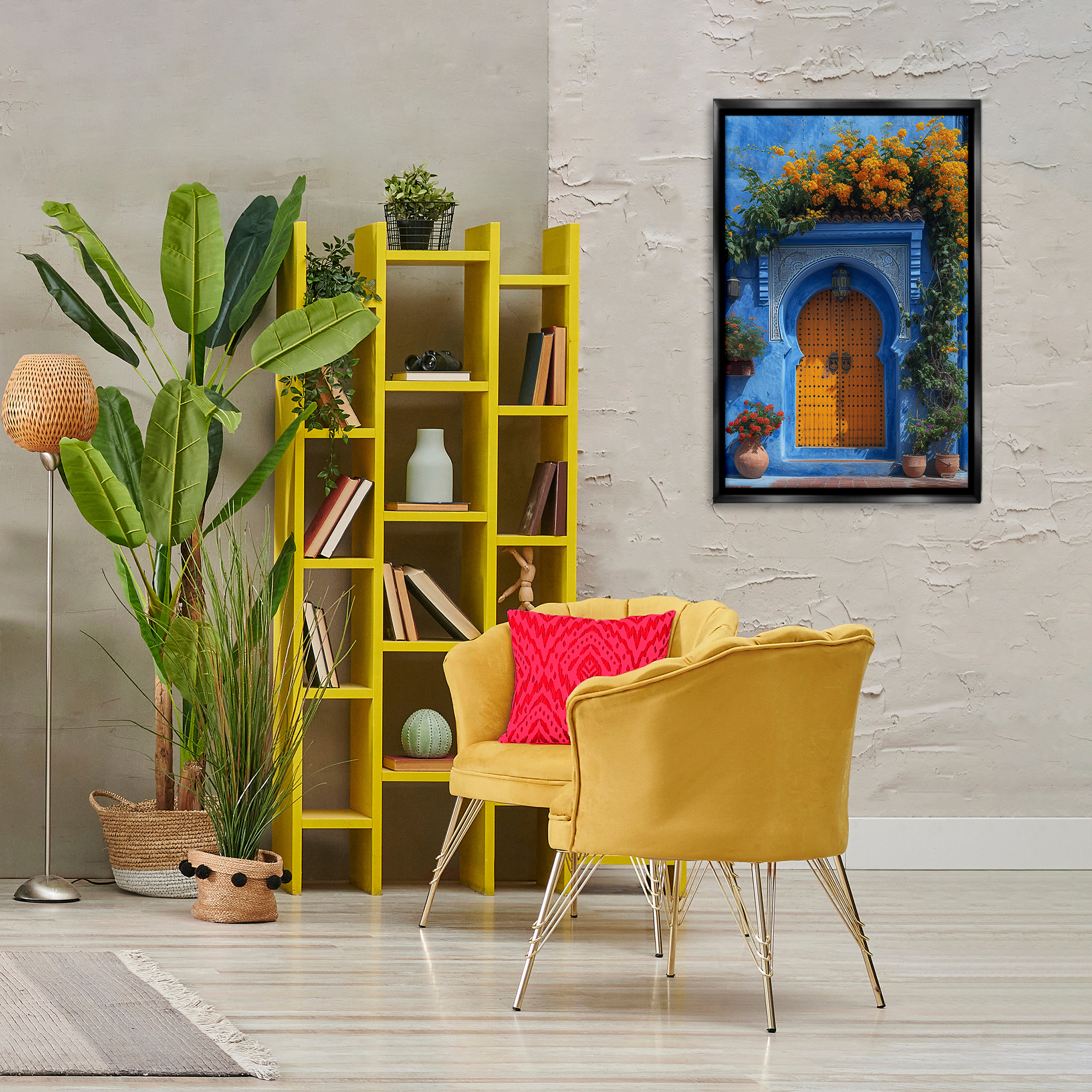 Stupell Industries Blue & Orange Architecture Buildings & Architecture Painting Black Floater Framed Canvas Art Print Wall Art, 21 x 31