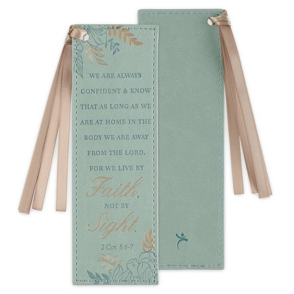 Christian Art Gifts Teal Faux Leather Floral Bookmark for Women: Walk by Faith - 2 Corinthians 5: 6-7 Inspirational Bible Verse, Heat-debossed & Gold Accents with Taupe Satin Ribbon Reading Accessory