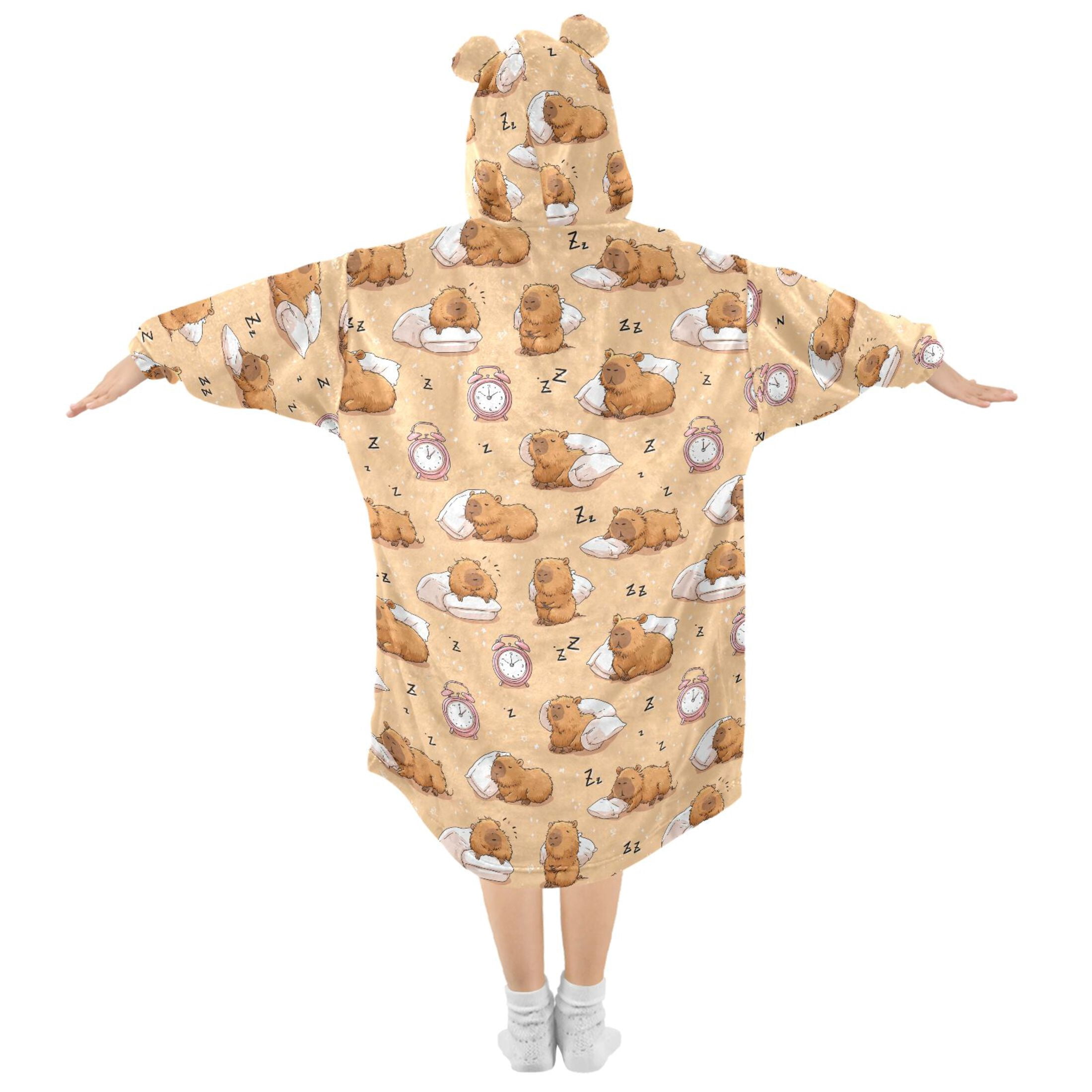 Wearable Blanket Hoodie for Kids Alarm Clock Capybara Flannel Hooded Blanket with Pockets and Sleeves Suitable for Boys and Girls