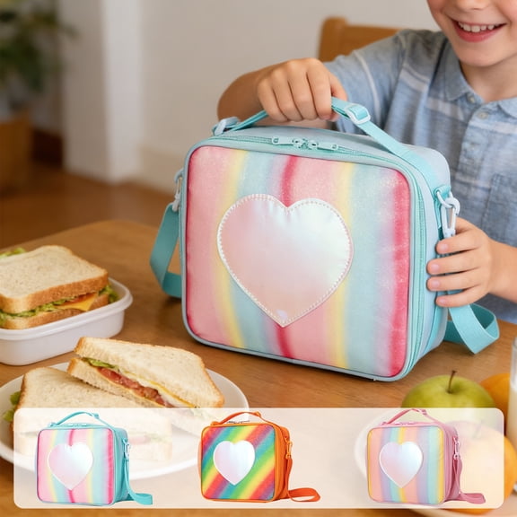 Lunch Bag Sequin Heart-Shaped Insulated Crossbody Thermal Cooler Cute Waterproof Oxford for Youth Picnic Pink by Xuniizn