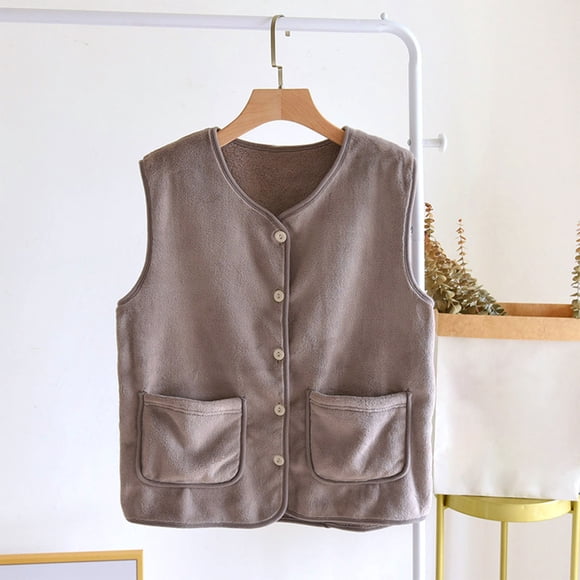 Women's Winter Vests Solid Colour Flannel Fleece Sleeveless Button Cardigan Cute Soft Waistcoat Jackets Warm Home Clothes Coffee L