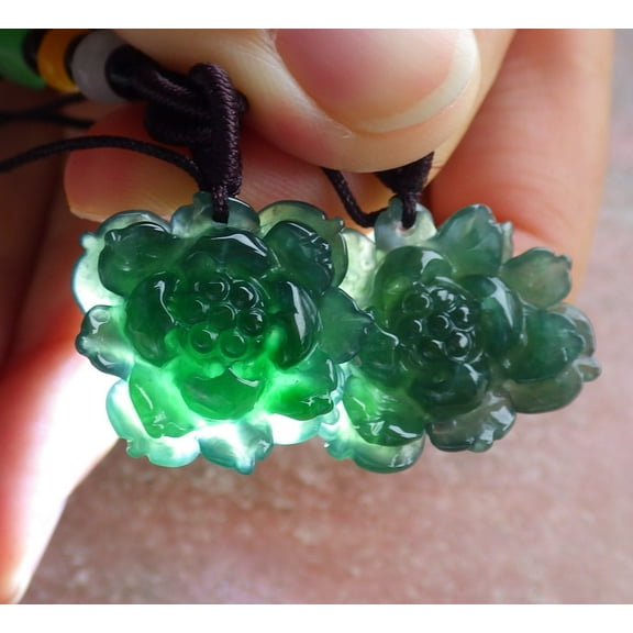 2 Pcs Certified Green Burma 100% Natural A Jade jadeite pendant Lotus Flower Necklace 658456 TN