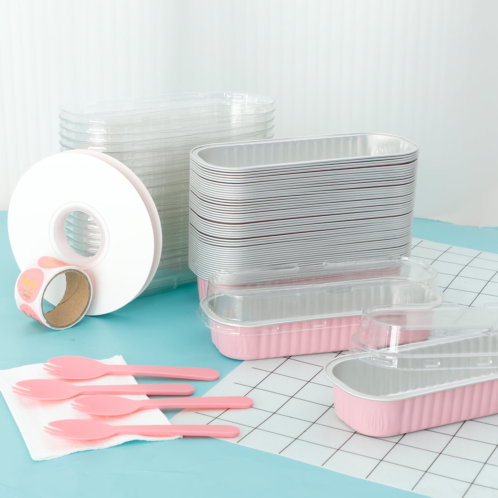 50Pcs Mini Loaf Pans with Lids Forks 200ml Aluminum Foil Cake Container Heat Resistant Mini Cake Pans Rectangle Cake Baking Cups Puddings Tin for Dessert Outdoor Picnic Party