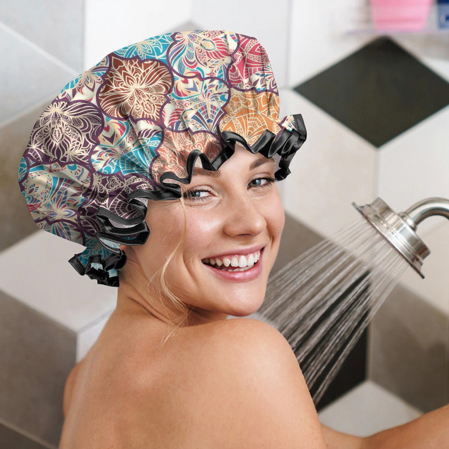 Shower Caps,Multicolor Ethnic Geometric Pattern Waterproof Shower Cap for Women 4 Pieces,Double Reusable Hair Cover for Shower PEVA Elastic Stretch Hem
