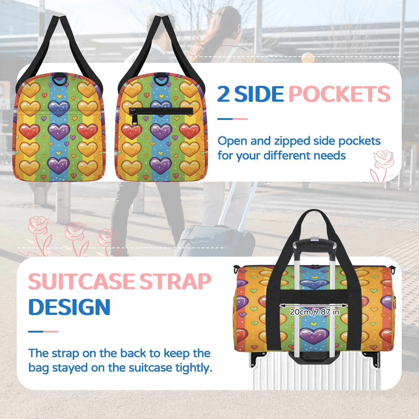 Herdesigns Love Heart Gym Bag for Women, Duffle Bag for Travel Sport, Rainbow Striped Lightweight Waterproof Carry on Weekender Dance Yoga Workout Bags