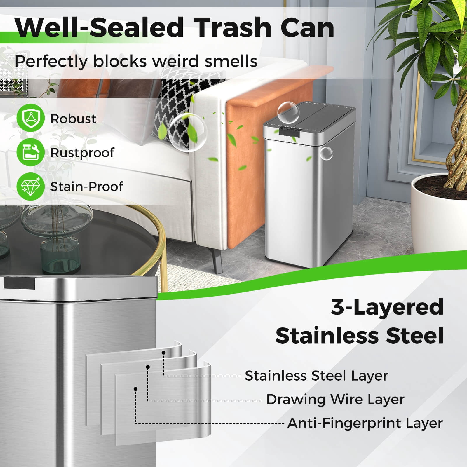 Costway Slim Kitchen Trash Can with Wing Lids 13.2 Gal Automatic Sensor Garbage Can
