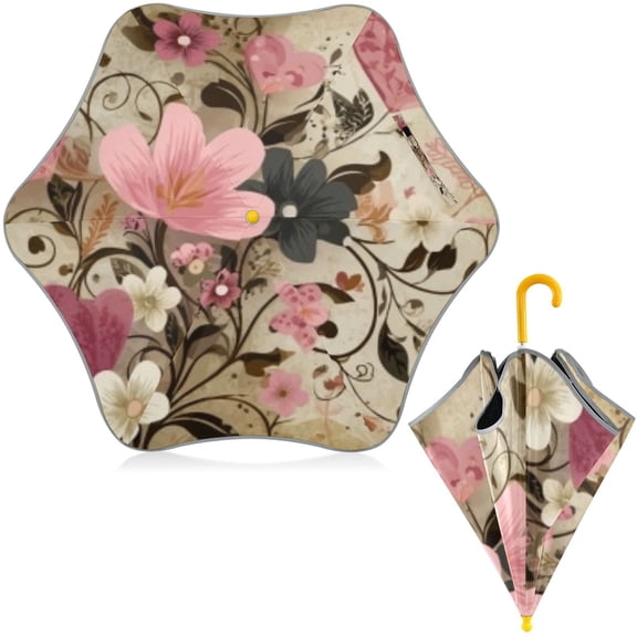 BZSMCE Folding Umbrellas Rain & UV Protection Windproof In Vintage Floral Heart Whimsy Pattern