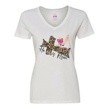 Inktastic He is Risen Bunny and Leopard Print Cross Women's V-Neck T-Shirt