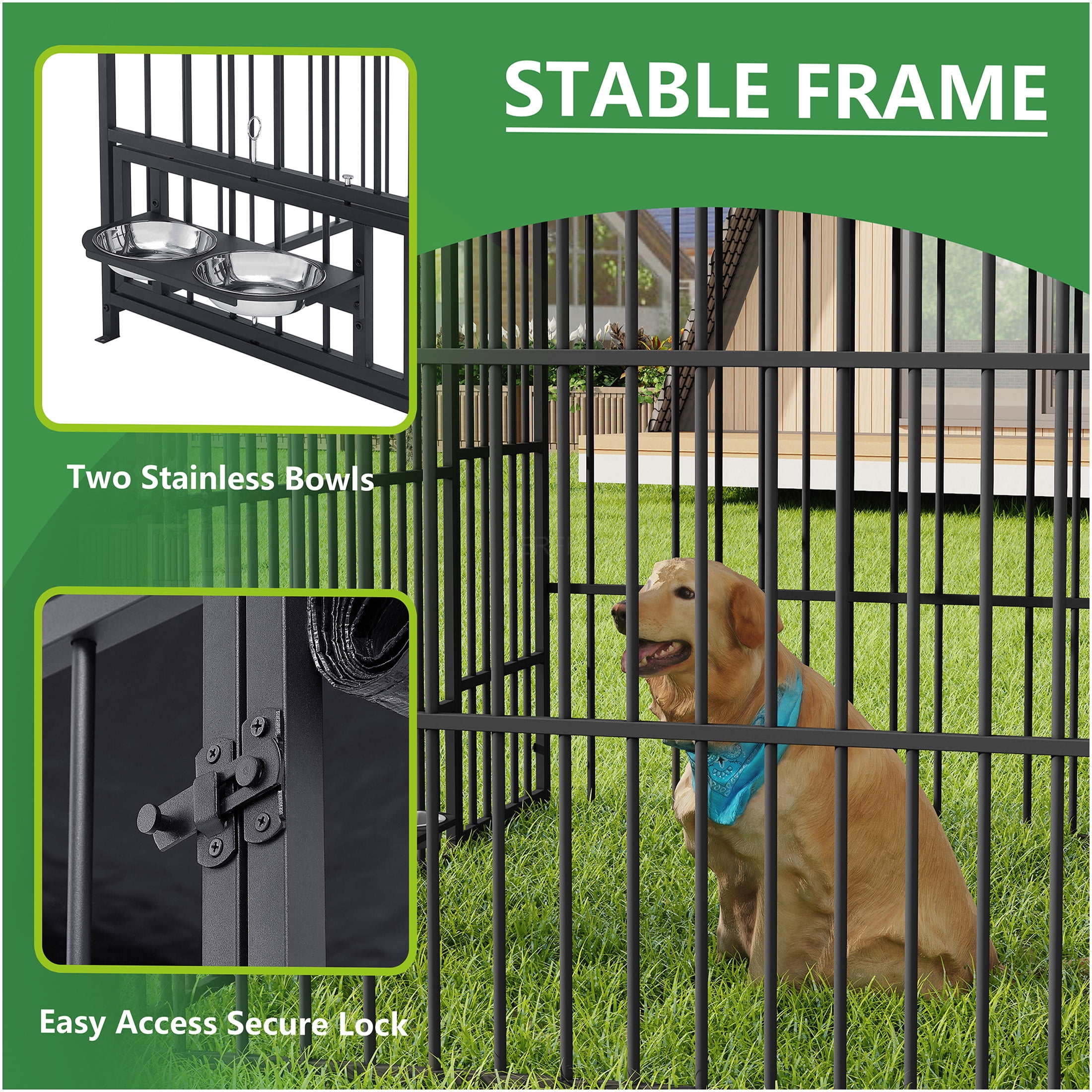 JERFIT 6.6x6.6ft Outdoor Dog Kennel with Roof Cover, Heavy-Duty Iron Pet Playpen, Waterproof & Lockable Dog Run for Large Dogs