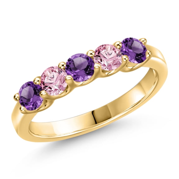Gem Stone King 10K Yellow Gold Purple Amethyst and Pink Lab Grown Diamond Wedding-Bands Ring for Women | 0.84 Cttw | Round 3.5MM | Gemstone February Birthstone | Size 5