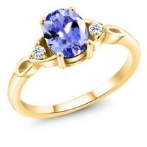 Gem Stone King 18K Yellow Gold Plated Silver Blue Tanzanite and White Topaz 3-Stone Rings for Women (1.24 Cttw, Gemstone December Birthstone, Oval 8X6MM, Available in Size 5, 6, 7, 8, 9)