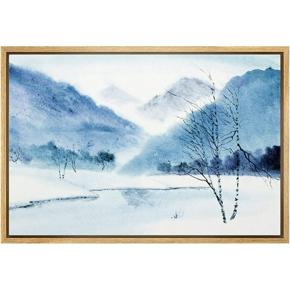 wall26 Framed Canvas Print Wall Art Blue Winter Watercolor Mountain Forest Nature Wilderness Illustrations Modern Art Decorative Rustic Multicolor for Living Room, Bedroom, Office - 24"x36"