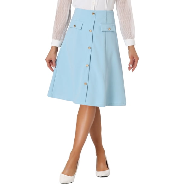FALDA A-LINE ELEGANTE PARA MUJER CON BOTONES EN LA PARTE FRONTAL, LARGO HASTA LA RODILLA, PARA TRABAJO Y OCASIONES FORMAL, TAMAÑO L, AZUL