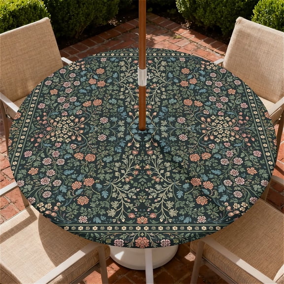 YESAD Round Outdoor Tablecloth For Up To 36in With Umbrella Hole & Zipper Waterproof Elastic Edge Fitted Table Cover Big Sunflower For Patio Picnic Party, Vintage Garden Tapestry
