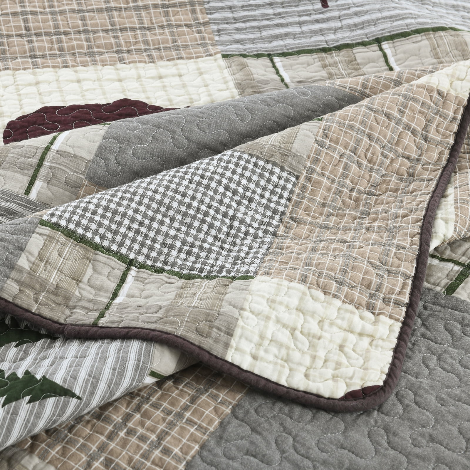 Bedduvit Cotton Quilt for Queen Bed - 100% Cotton Rustic Lightweight Queen Quilt, Brown Gray Patchwork Plaid Quilt Bedspread, Bear & Deer & Tree Farmhouse 3-Piece Quilt Comforter Set, 98x90